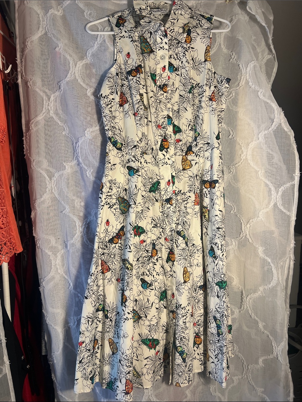 NorthStyle White Midi Dress with Colorful Butterfly Print